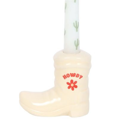 White Cowboy Boot Candle Holder with Taper Candle - Image 3