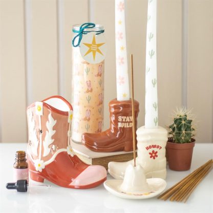 White Cowboy Boot Candle Holder with Taper Candle - Image 5