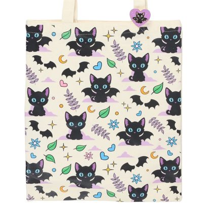 Cute and Creepy Cat Print Polycotton Tote Bag with Enamel Pin - Image 3