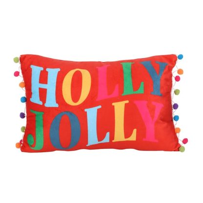 Red Holly Jolly Cushion with Pom Poms - Image 2