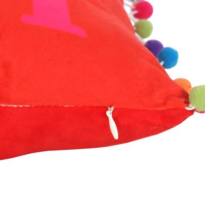 Red Holly Jolly Cushion with Pom Poms - Image 4