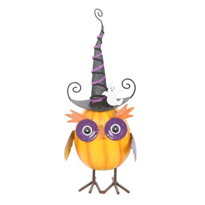 Orange Metal Owl Ornament with Witch Hat and Ghost - Image 2