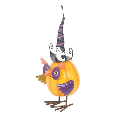 Orange Metal Owl Ornament with Witch Hat and Ghost - Image 3