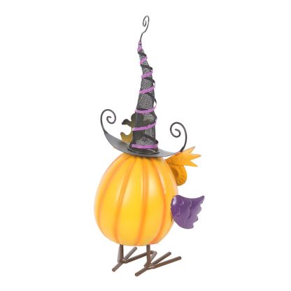 Orange Metal Owl Ornament with Witch Hat and Ghost - Image 4