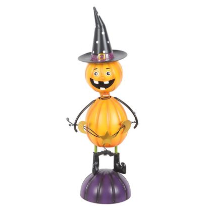 Orange Metal Pumpkin Man Ornament with Witch Hat - Image 2